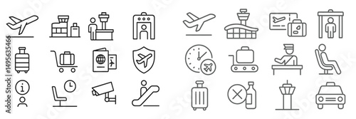 Travel icons representing various airport activities and services during departure and arrival procedures