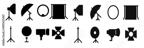 Studio lighting equipment array showcases diverse tools for photography sessions in a professional setting