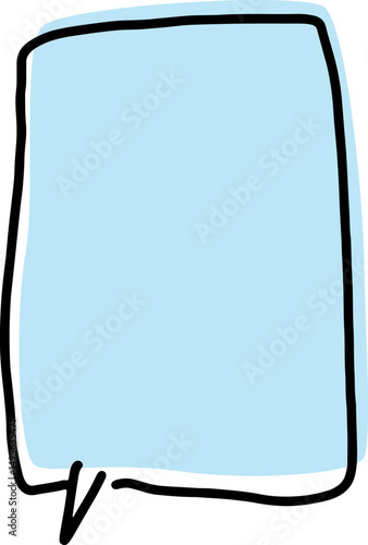 vertical speech bubble with thick black outlines, drawn by hand in careless curves with a rectangular blue fill crookedly positioned