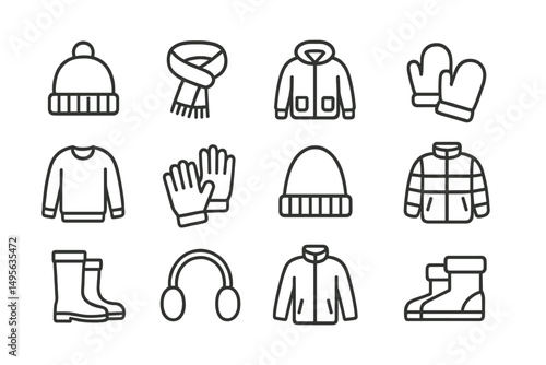 Variety of winter clothing items including hats, gloves, scarves, and jackets displayed in a grid layout