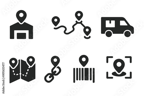 Location markers and navigation symbols representing mapping and tracking technology in modern transport