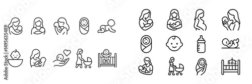 Collection of minimalist icons depicting motherhood, infant care, and nurturing activities in a simplistic style