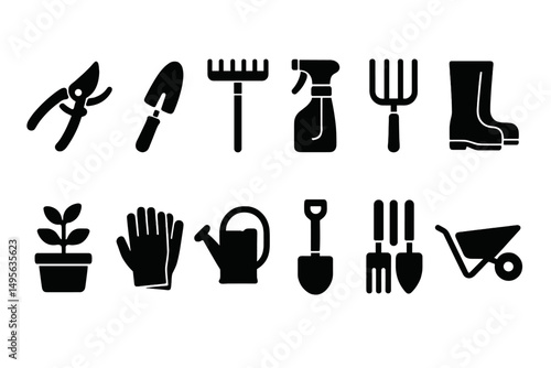 Gardening tools and equipment set in black silhouette design for outdoor activities and plant care