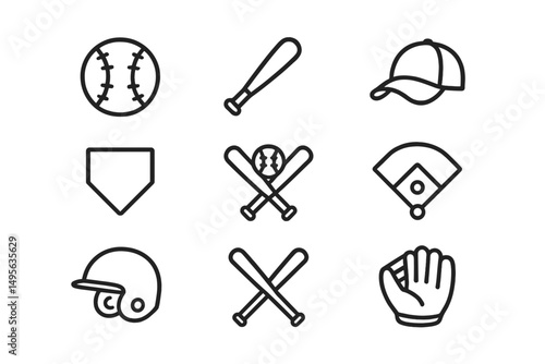 Baseball equipment including ball, bat, cap, and glove arranged in a grid