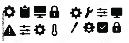 Icons representing technology, security, and settings in a minimalist design suitable for digital applications and interfaces
