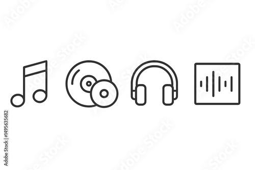 Musical elements displayed with notes, vinyl records, headphones, and sound waves in a minimalistic style