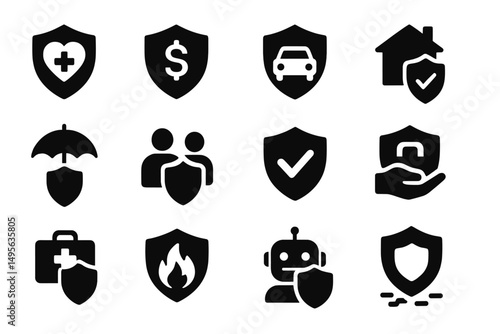 Variety of shield icons representing different types of protection and security services displayed on a plain background