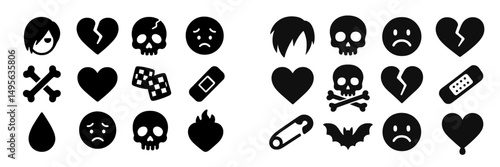 Graphic collection of dark-themed emoticons and symbols showing emotions and icons related to sadness and love