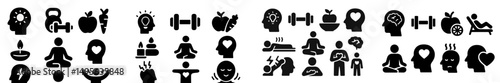 Health and wellness icons representing various aspects of fitness and mindfulness practices in a creative arrangement