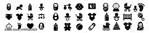 Variety of baby and parenting icons featuring essential items and symbols in a simple black and white design