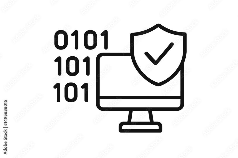 Cybersecurity concept showcasing a computer shielded with a checkmark during data transmission Cybersecurity concept showcasing a computer shielded with a checkmark during data transmission