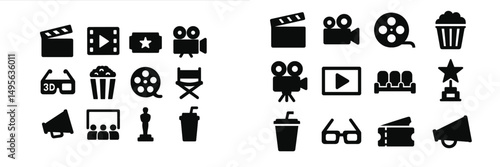 Collection of film and cinema icons showcasing various aspects of movie production and viewing experiences