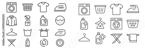 Laundry symbols and icons depicting washing, drying, ironing, and folding clothes for home use and laundry services