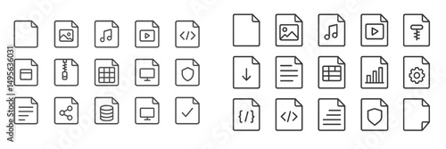 A variety of simple black and white icons representing different file types, including images, audio, video, and documents