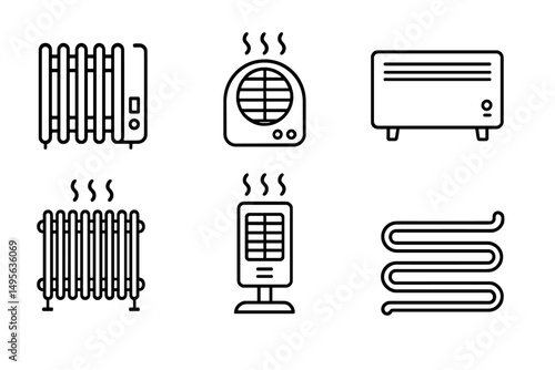 Various types of heating appliances illustrated in a minimalist style for home and office use during cold weather