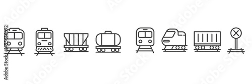 Collection of train icons illustrating various rail vehicles and signals in a simple, minimalist design