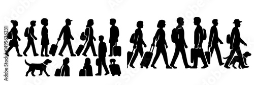 Crowd of travelers walking with luggage and a dog in a busy urban setting during daylight