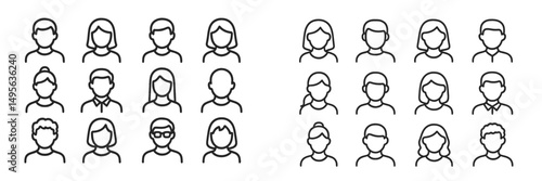 Various line art representations of diverse individuals highlighting different hairstyles, facial features, and expressions