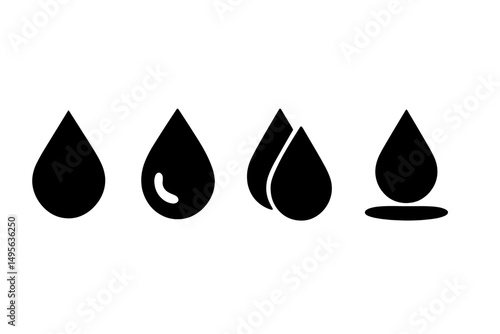 Various shapes of water droplets illustrating fluid dynamics and design concepts in minimalistic style