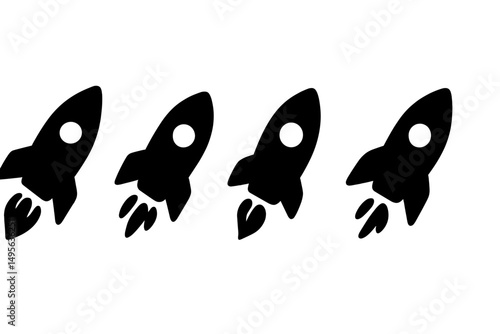 Rocket designs in black silhouette showcasing sequential launching motion on a plain background