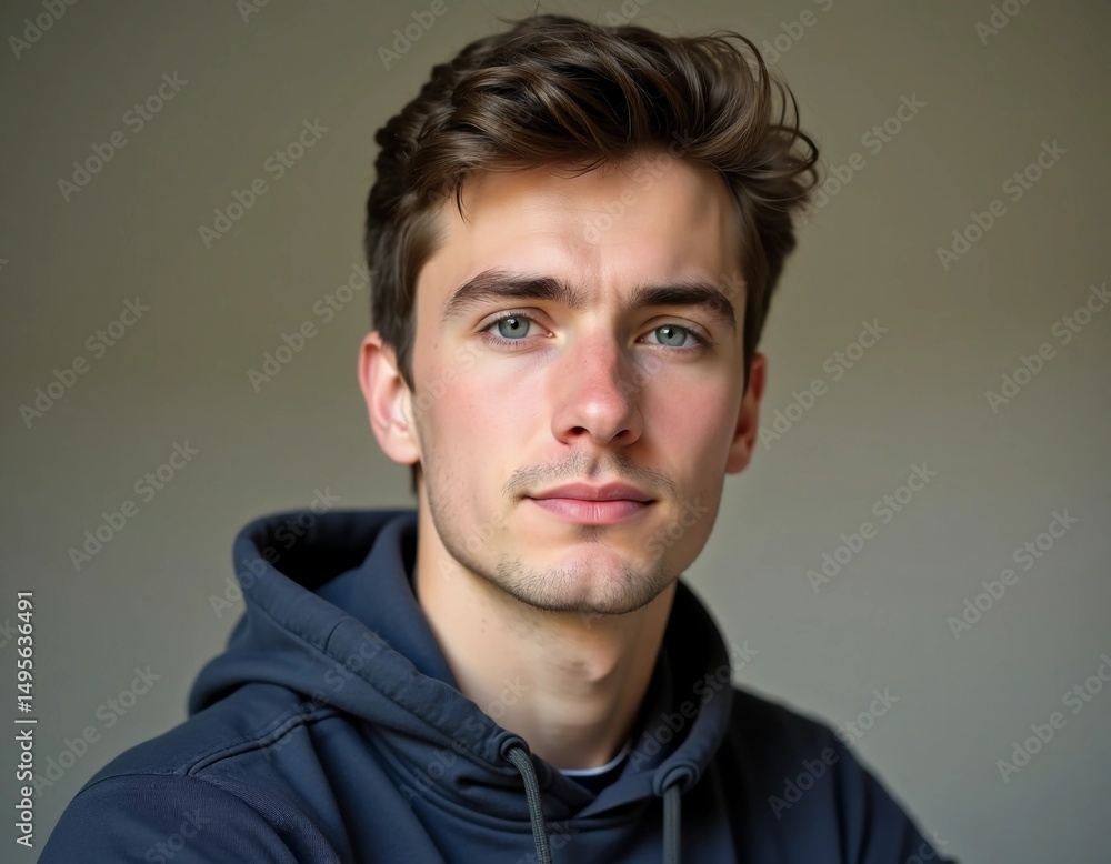 Obraz premium A young Belarusian man gazes confidently at the viewer, showcasing his captivating blue eyes and casual style. The soft focus background highlights his thoughtful expression Generative AI