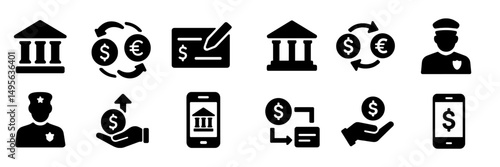 Icons representing banking transactions, financial security, and digital finance