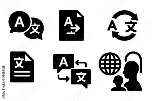 Various black icons depicting translation and multilingual communication concepts
