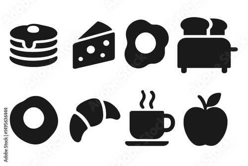 Breakfast items including pancakes, cheese, eggs, toast, croissant, coffee, and apple arranged in a simple graphic design