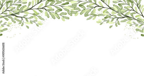 Floral border with watercolor tree branches and leaves. Abstract plant frame, nature background. Vector illustration