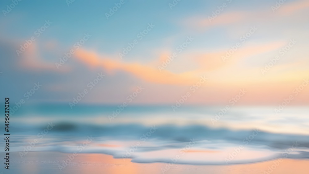 Fototapeta premium Blurred beach sunset scene with soft pastel colors and gentle waves