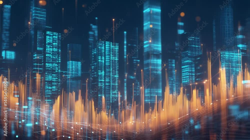 A lively city skyline at night, illuminated with glowing data streams and striking modern architecture A lively city skyline at night, illuminated with glowing data streams and striking modern architecture