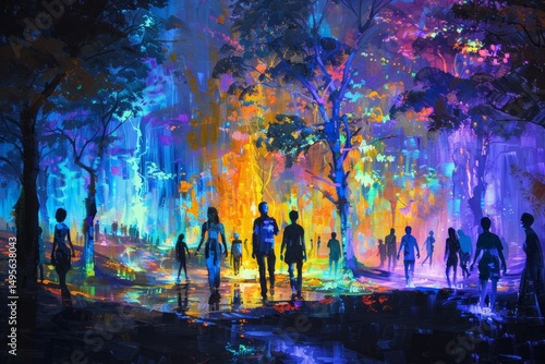 In a futuristic park, a group of humanoid artists with artificial intelligence scans human emotions and creates vivid vivid paintings in real time
