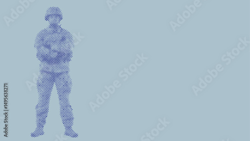 Halftone dot pattern of A soldier wearing a uniform and helmet