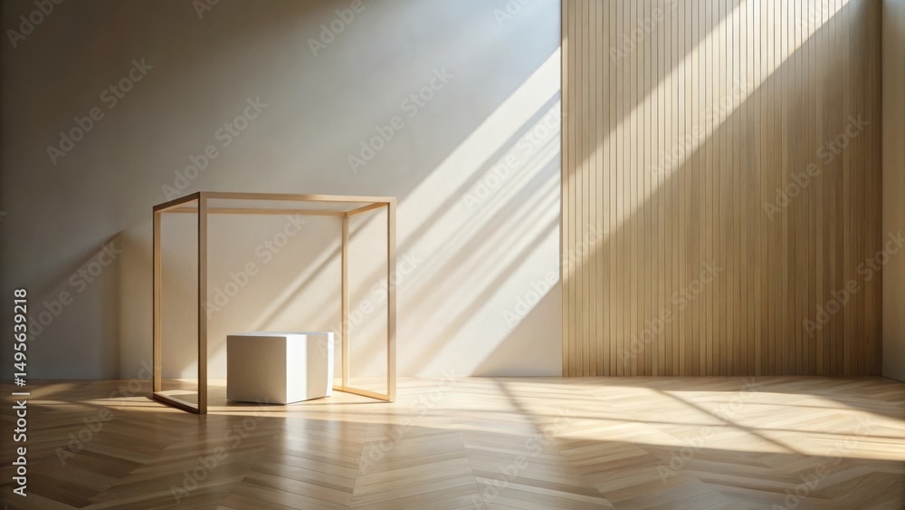 Obraz premium Sunlit Minimalist Room with Wooden Accents and a White Cube Display