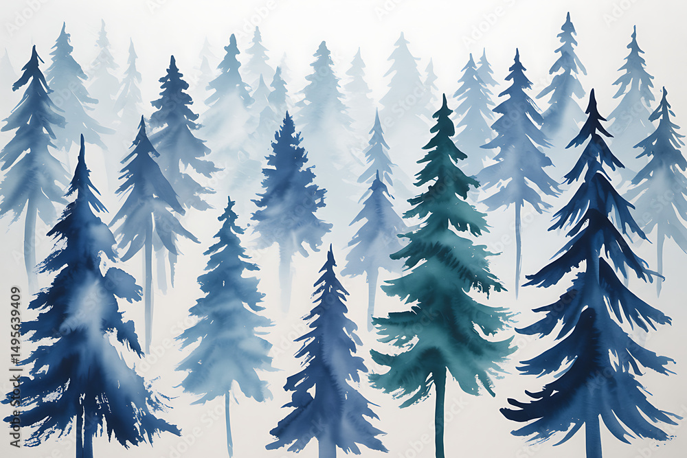 Obraz premium Watercolor painting of a misty blue pine forest