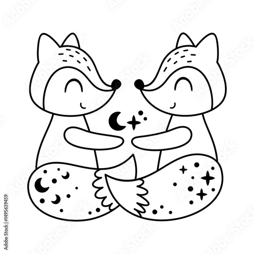 Gemini Zodiac sign doodle - black and white horoscope design for kids. Celestial hand drawn vector illustration in cartoon flat style.