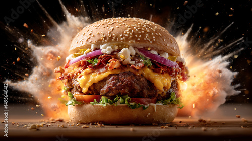 Vibrant comic style burger bursting with toppings, featuring layers of cheese, bacon, lettuce, and tomatoes, set against dramatic explosion backdrop that enhances its appeal
