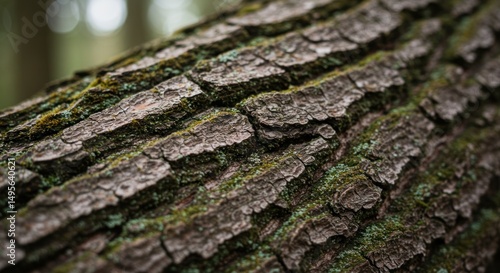Close-up of tree bark texture showing ridges and green moss.