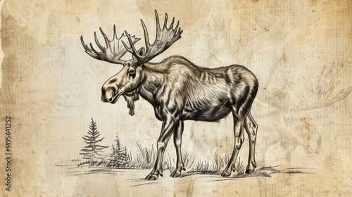 Vintage moose illustration in a sketchbook style