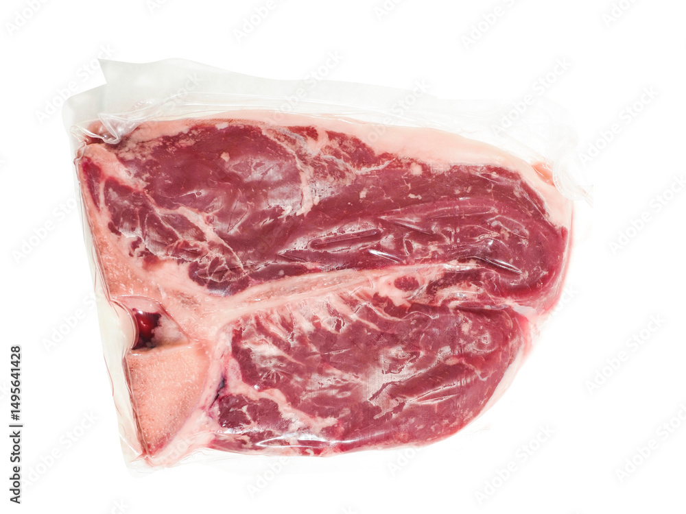Expensive T bone steak in vacuum packaging on white background. Luxurious premium beef meat product. Butcher craft. Expensive T bone steak in vacuum packaging on white background. Luxurious premium beef meat product. Butcher craft.