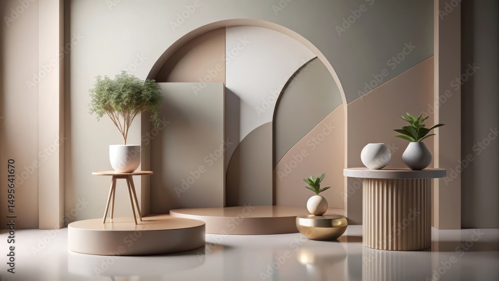 Serene Minimalist Interior Design with Earthy Tones and Elegant Plant Displays on Stylish Pedestals