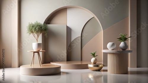 Obraz na płótnie Serene Minimalist Interior Design with Earthy Tones and Elegant Plant Displays on Stylish Pedestals w salonie