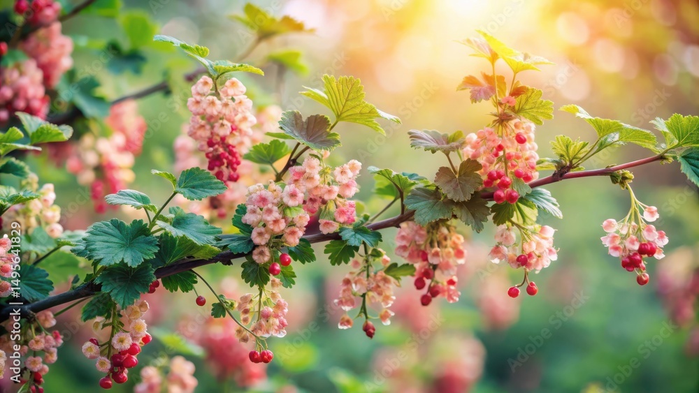 Redcurrant Bush Blossoms in Sunlight Delicate Pink Flowers and Ripening Berries on Branch
