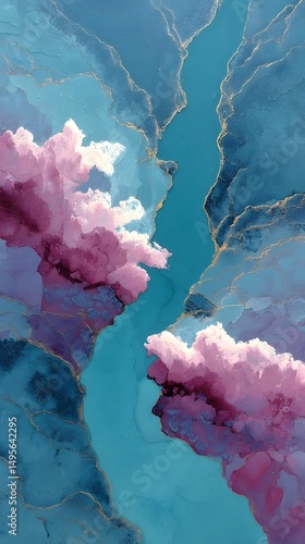 Abstract Sky: An ethereal abstract painting with vivid swirls of vibrant pink, purple and blue clouds interwoven with golden lines evokes a sense of wonder, dreaminess, and artistic beauty. 