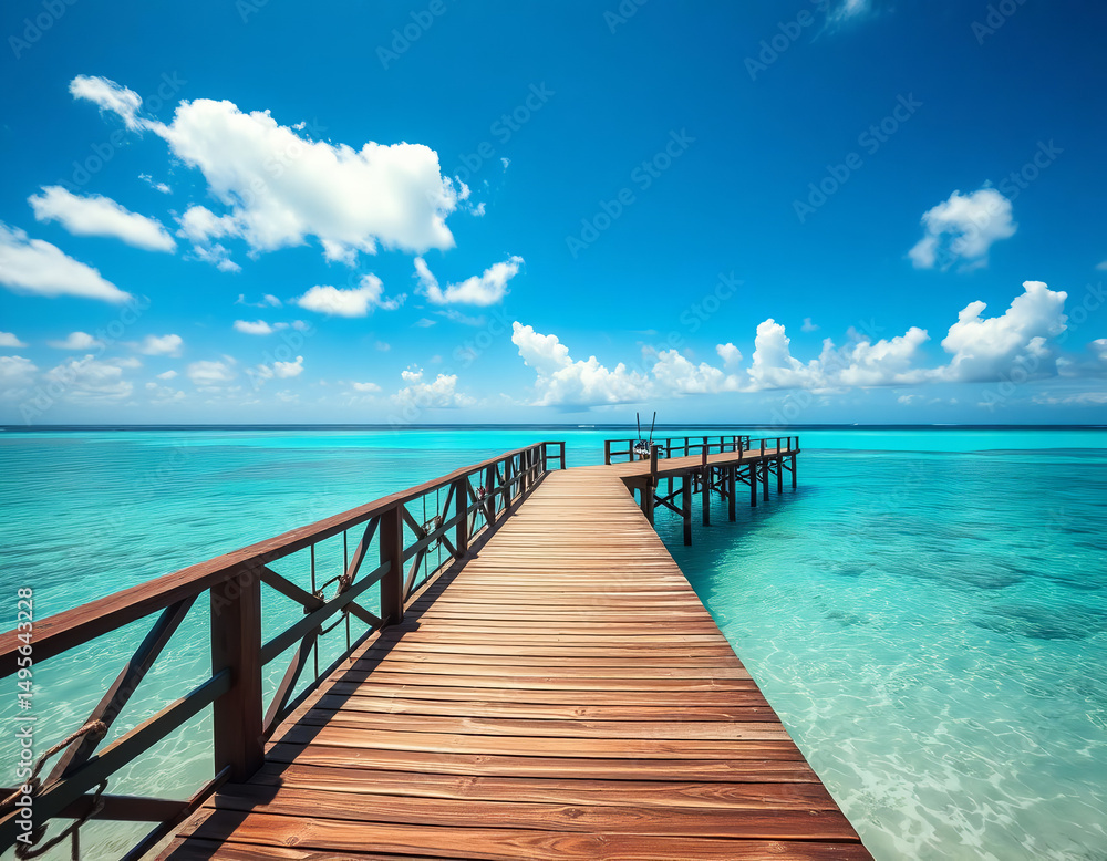 Obraz premium Tropical Beach With Wooden Pier View