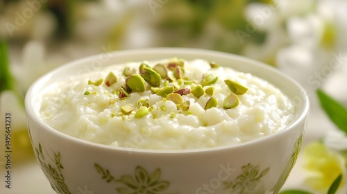 Creamy rice pudding recipe with pistachio nuts garnish delicious dessert traditional indian food sweet dish