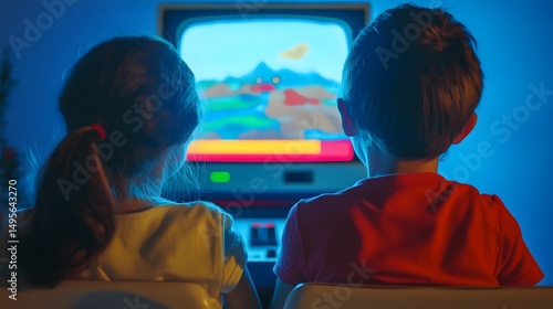 Kids playing video game on retro television childhood entertainment nostalgia gaming together leisure time joy