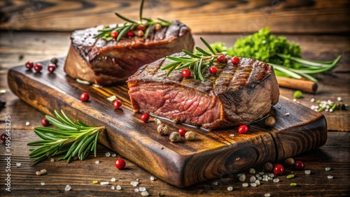 Obraz na płótnie Delicious Grilled Steaks on Rustic Wooden Board with Herbs and Spices w salonie