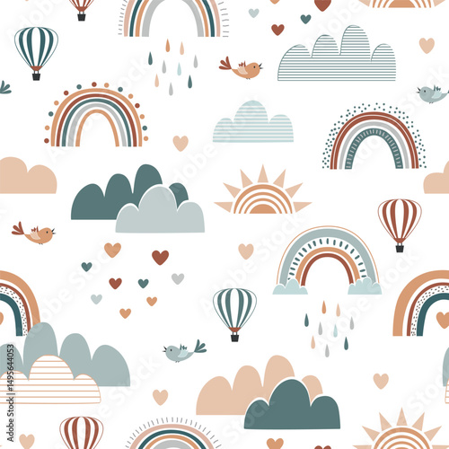 Cute Boho Rainbow seamless pattern with hearts, clouds, birds, and hot air balloons. Pastel colors and Scandianvian style background. Vector illustration.