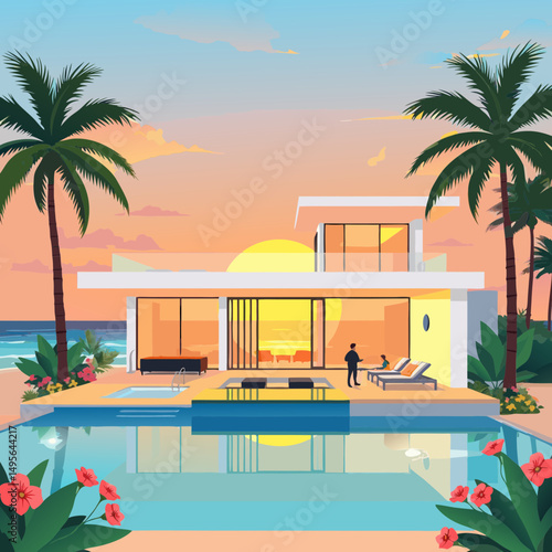 Luxury beachfront villa sunset scene